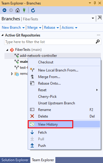 Visual Studio 2019 のチーム エクスプローラーの [ブランチ] ビューの [履歴の表示] オプションのスクリーンショット。