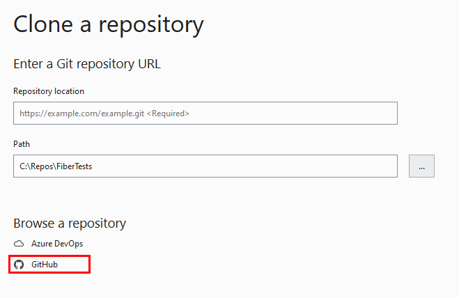 Visual Studio の [リポジトリのクローン] ウィンドウの [GitHub] オプションのスクリーンショット。