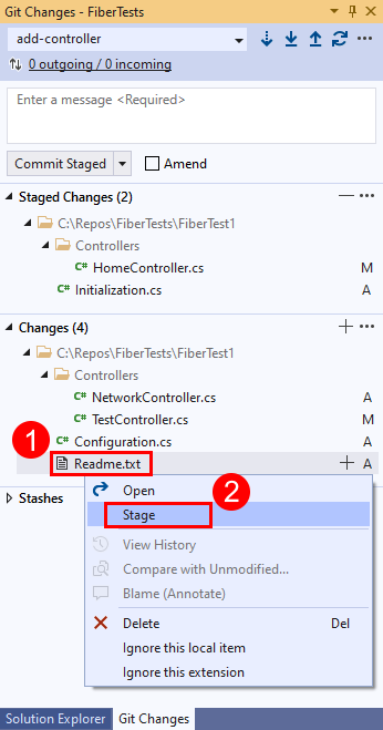 Visual Studio の [Git 変更] ウィンドウにある [変更] オプションのスクリーンショット。