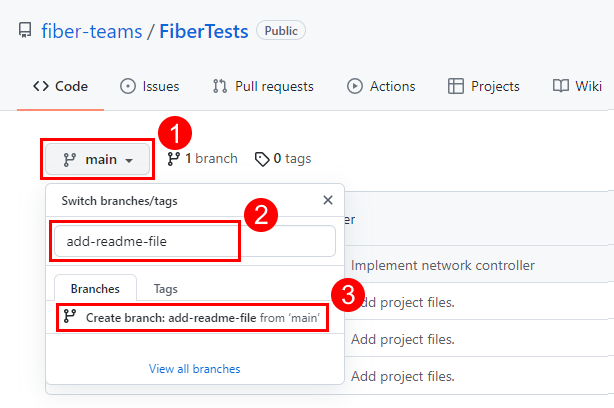 GitHub リポジトリのメイン ページにある [Switch branches/tags] (ブランチ/タグの切り替え) ダイアログのスクリーンショット。