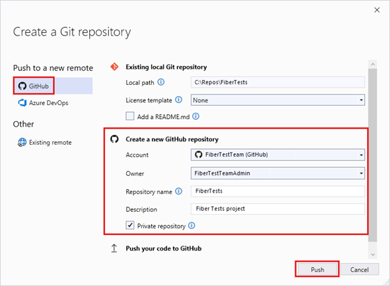 Visual Studio 2022 で空の GitHub リポジトリの URL が表示されている [Git リポジトリの作成] ウィンドウのスクリーンショット。