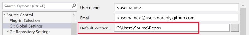 Visual Studio の [既定の場所] フィールドを示すスクリーンショット。