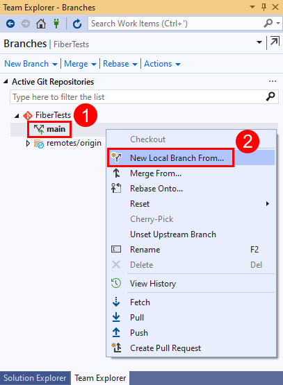 Visual Studio 2019 のメイン ブランチのコンテキスト メニューにある [新しいローカル ブランチ] メニュー オプションのスクリーンショット。