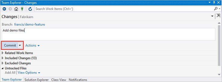 チーム エクスプローラーでの Git コミットの作成