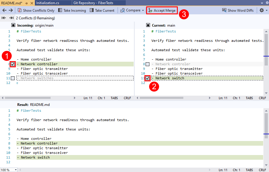 Visual Studio のマージ エディターのスクリーンショット。