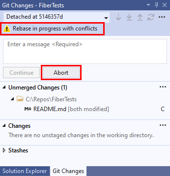 Visual Studio の [Git リポジトリ] ウィンドウのリベース競合メッセージのスクリーンショット。