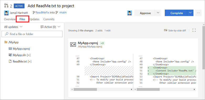 Azure Repos PR の [ファイル] タブのファイル差分ビューのスクリーンショット。