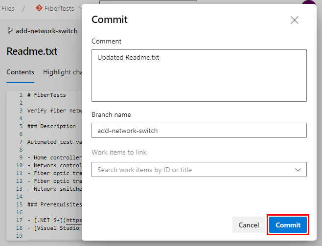 Azure Repos の [コミット] ダイアログのスクリーンショット。