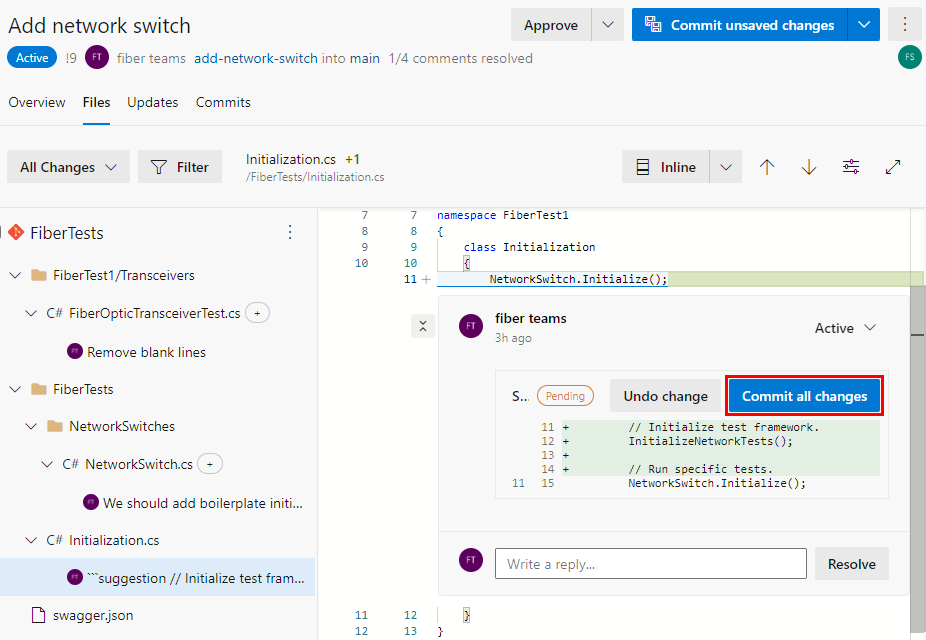 Azure Repos PR の [ファイル] タブですべての変更をコミットする方法を示すスクリーンショット。