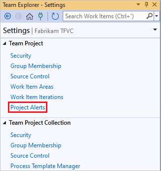 チーム エクスプローラーの [設定] ページの [プロジェクトの通知] リンクを示すスクリーンショット。