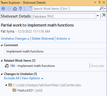 チーム エクスプローラーの [シェルブセットの詳細] ページのスクリーンショット。シェルブセット名、コメント、作業項目、変更が表示されます。