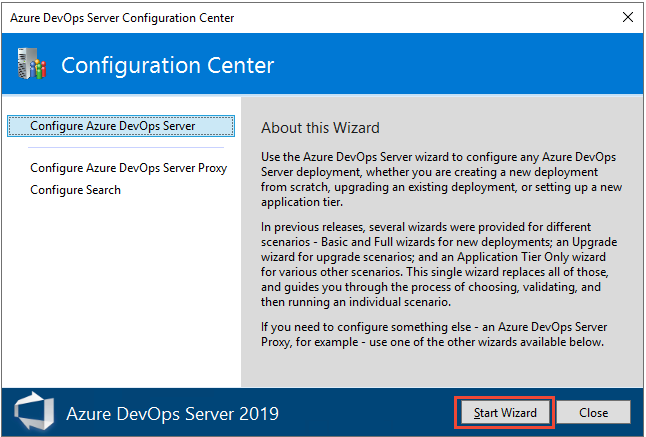 Azure DevOps Server 構成センター ウィザードの [Azure DevOps Server の構成] ページのスクリーンショット。