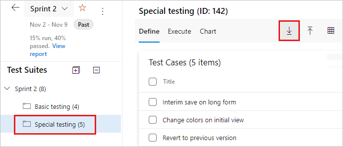 スクリーンショットは、選択されたテスト計画と[テスト ケースを CSV にエクスポート]オプションを示しています。