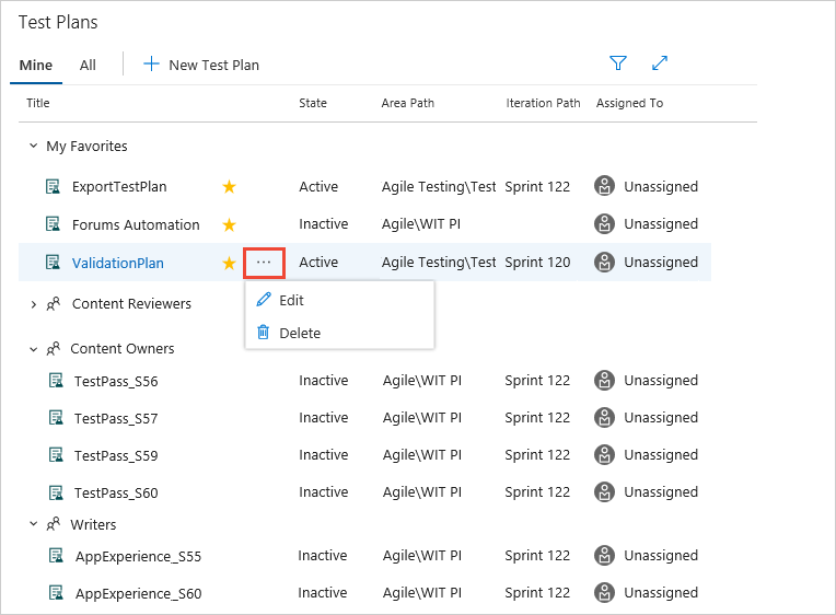 [マイニング] ページ、テスト計画を編集または削除するためのメニュー オプション。