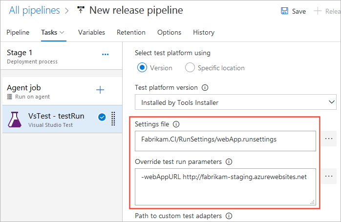 Visual Studio テスト タスクのプロパティの指定を示すスクリーンショット。