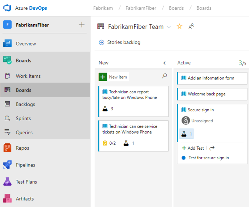 Azure Boards のバックログ ページのスクリーンショット。