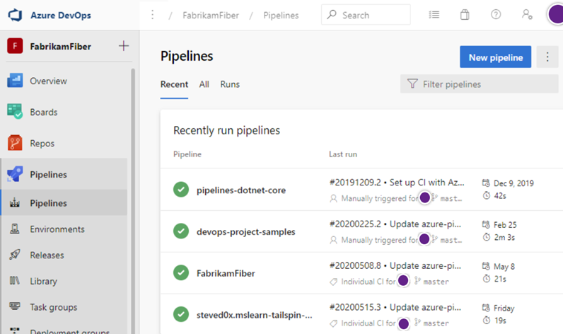 Azure Pipelines ランディング ページのスクリーンショット。