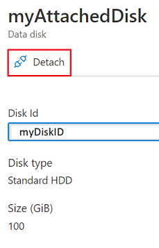 [データ ディスク] ページの [デタッチ] を示すスクリーンショット。