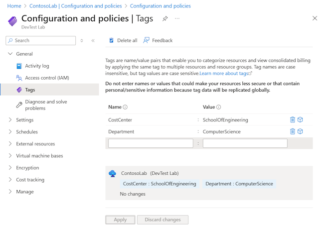 Azure portal で DevTest Labs リソースに追加されたタグを示すスクリーンショット。