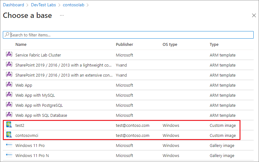 VM 基本イメージの一覧で使用できるカスタム イメージを示すスクリーンショット。