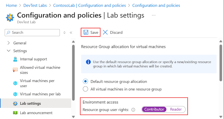 DevTest Labs でラボ ユーザーに共同作成者ロールのアクセス許可を設定する方法を示すスクリーンショット。