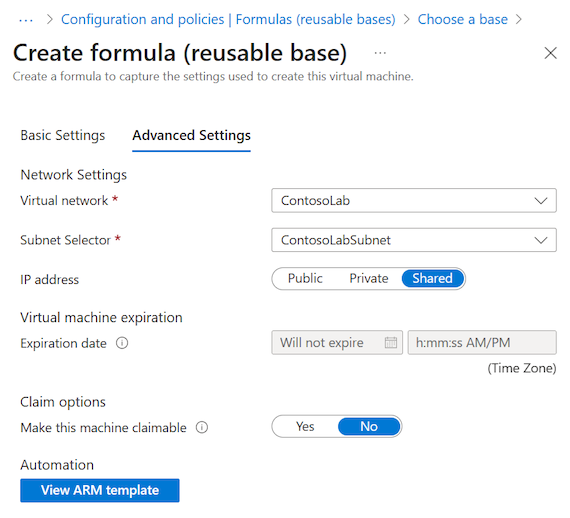 DevTest Labs で数式を追加する [詳細設定] 構成タブの例のスクリーンショット。