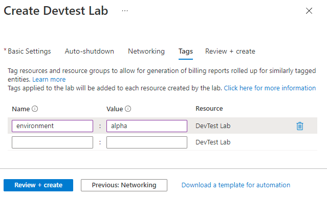 [DevTest Labs の作成] フォームの [タグ] タブのスクリーンショット。