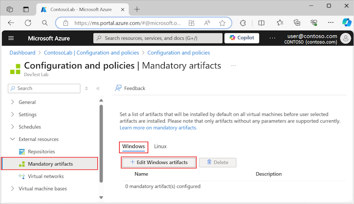 Azure portal でラボ仮想マシンの Windows 成果物を編集する方法を示すスクリーンショット。