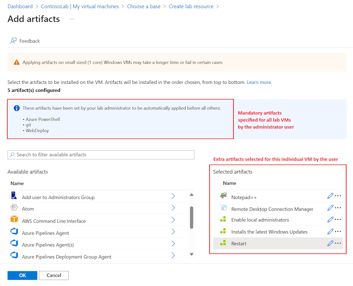 DevTest Labs によってインストールされる予定の必須の成果物のリストを含む [成果物の追加] 画面を示すスクリーンショット。