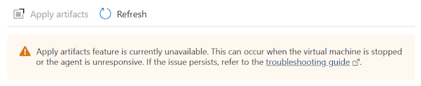 DevTest Labs 仮想マシンにアーティファクトが適用できないことを示すメッセージのスクリーンショット。