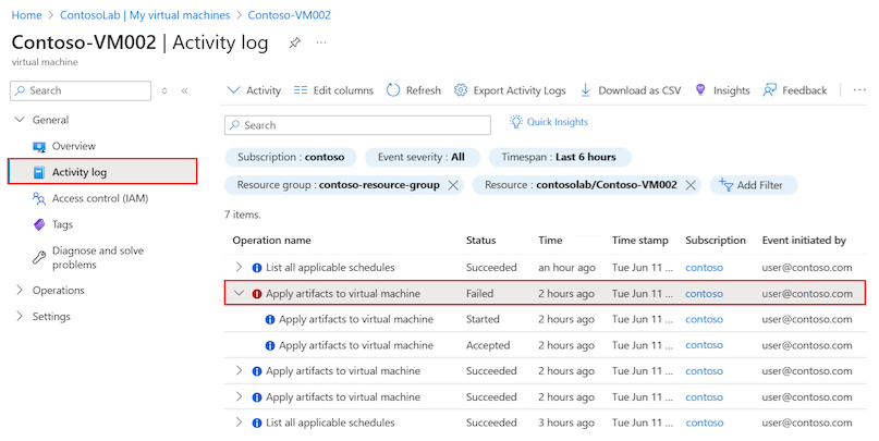 ラボ VM で失敗したアーティファクトのアクティビティ ログ エントリを見つける方法を示すスクリーンショット。