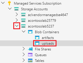 アップロード ディレクトリと共に展開された [BLOB コンテナー] ノードを示すスクリーンショット。
