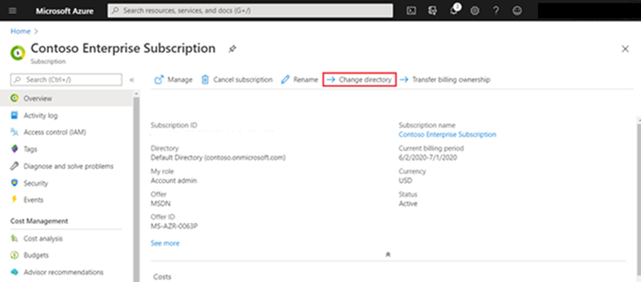 [ディレクトリの変更] が強調表示されている Contoso Enterprise サブスクリプション ページのスクリーンショット。