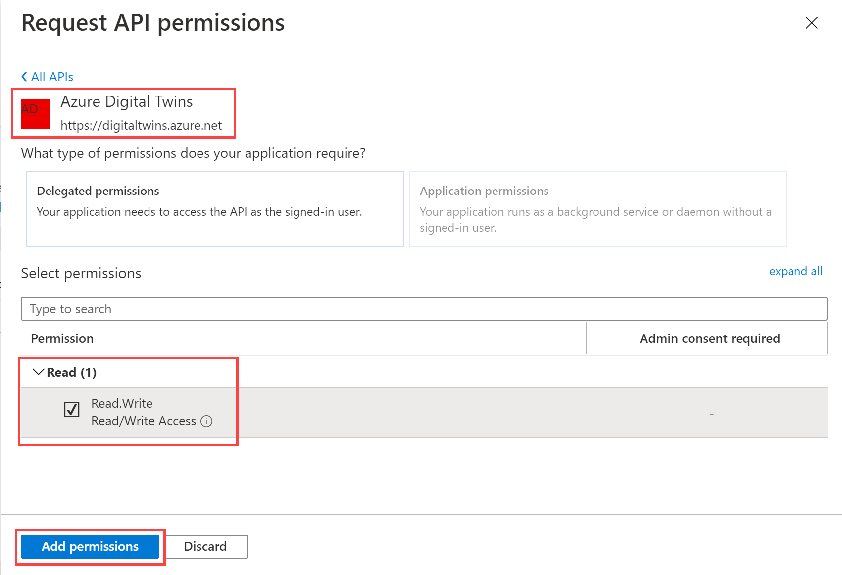 Azure portal での Azure Digital Twins API の 'Read.Write' アクセス許可が選択された [API アクセス許可の要求] ページのスクリーンショット。