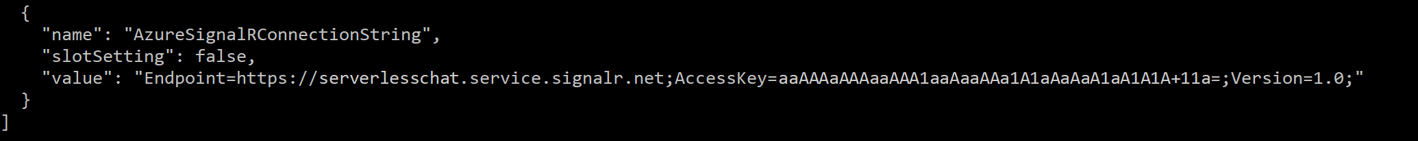 Screenshot of the output in a command window, showing a list item called 'AzureSignalRConnectionString'.