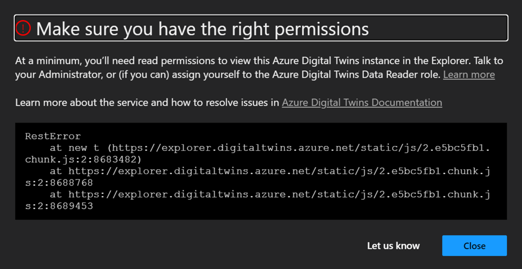 Azure Digital Twins Explorer のエラー メッセージのスクリーンショット。