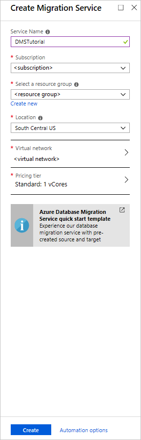 Azure Database Migration Service のインスタンスの構成設定を示すスクリーンショット。