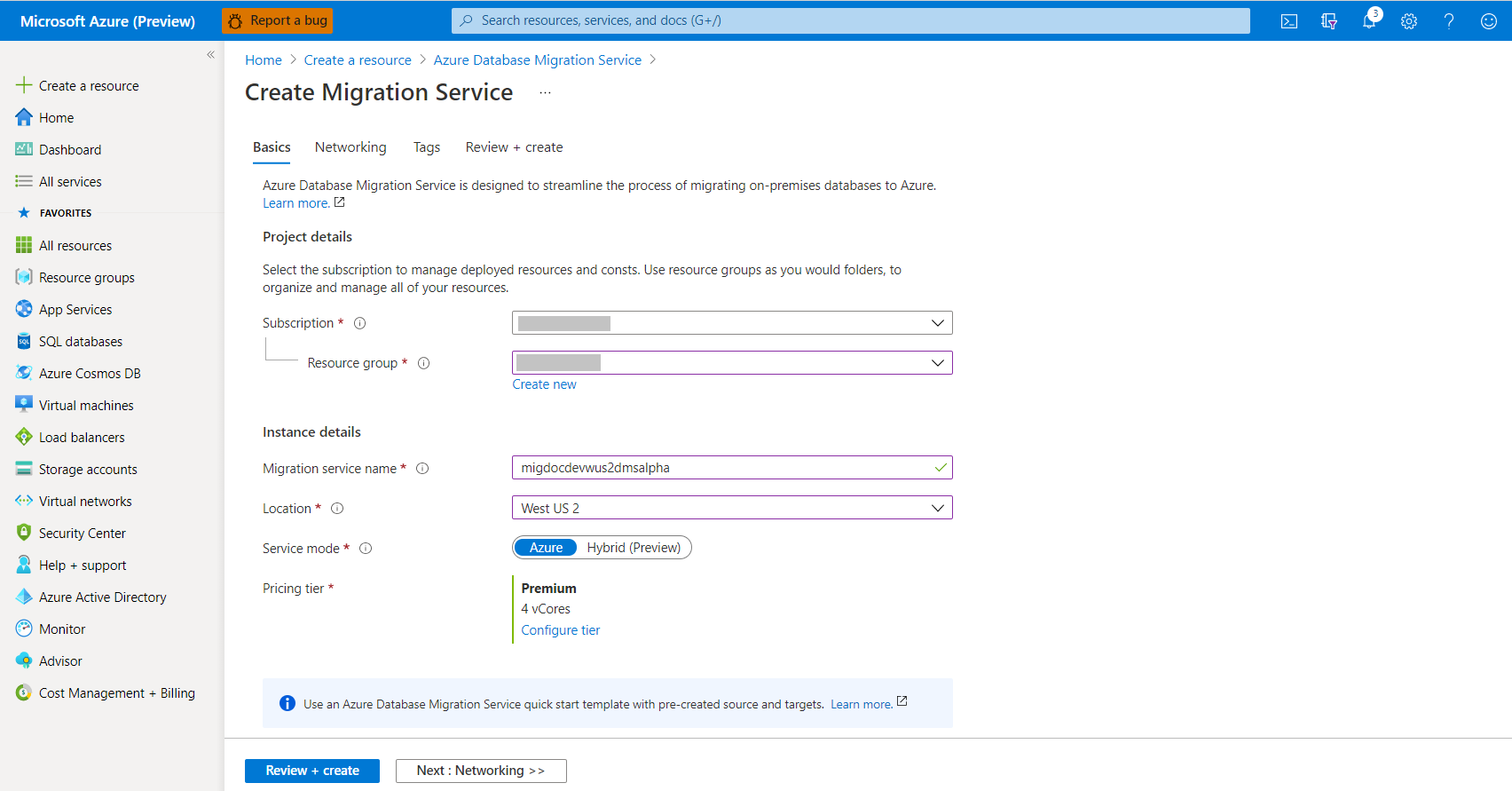 Azure Database Migration Service の基本設定を構成する