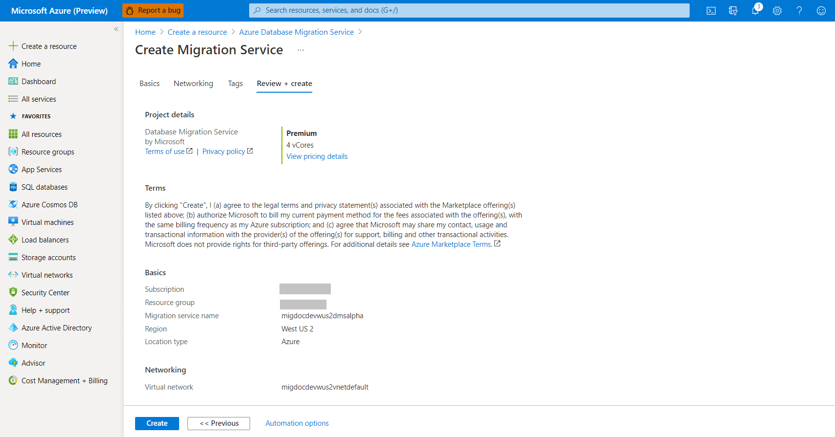 Azure Database Migration Service の作成