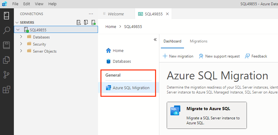 Azure Data Studio のサーバー メニューを示すスクリーンショット。