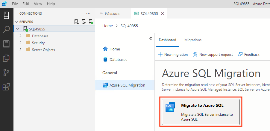 Azure SQL への移行ウィザードを示すスクリーンショット。