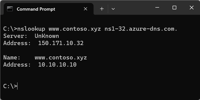 nslookup コマンドと、Server、Address、Name、Address の値を表示したコマンド プロンプト ウィンドウを示すスクリーンショット。