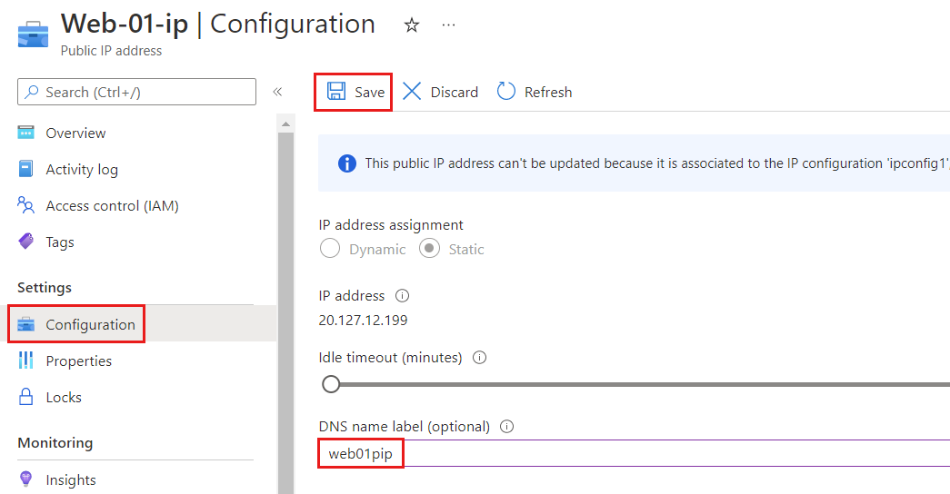 DNS 名のラベルを表示している Azure パブリック IP アドレスの [構成] ページのスクリーンショット。