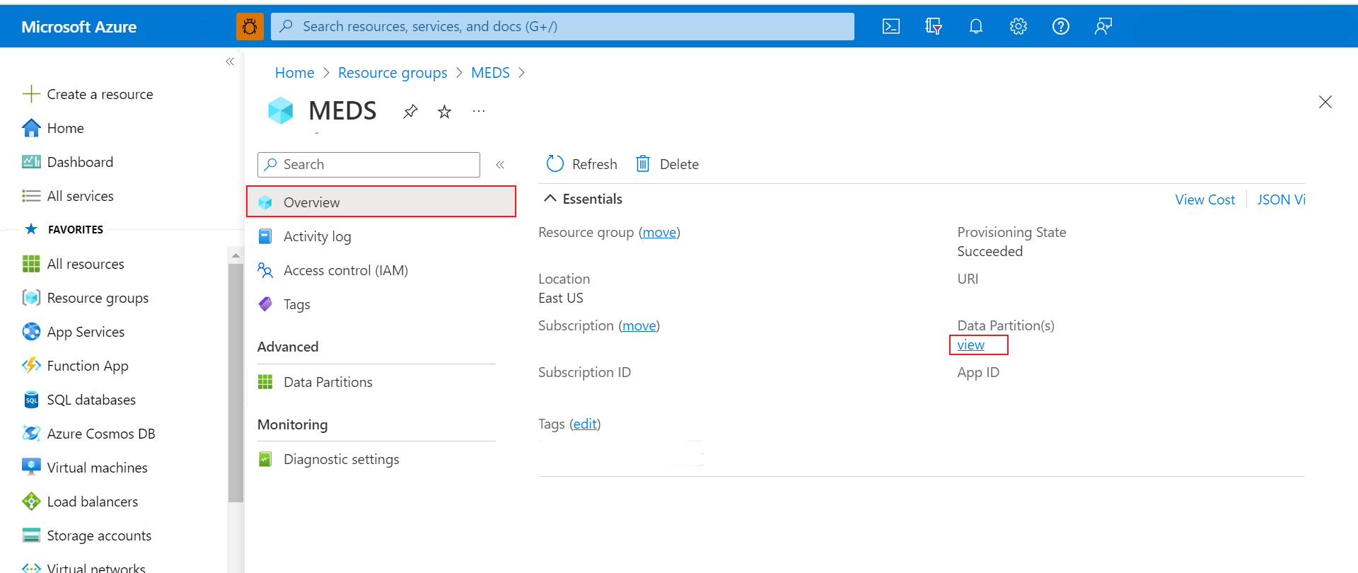 Azure Data Manager for Energy インスタンスの [概要] ページからの data-partition-id の検索を示すスクリーンショット。