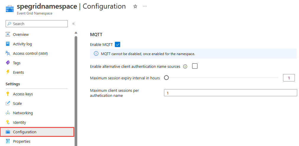 Event Grid の MQTT の設定を示すスクリーンショット。