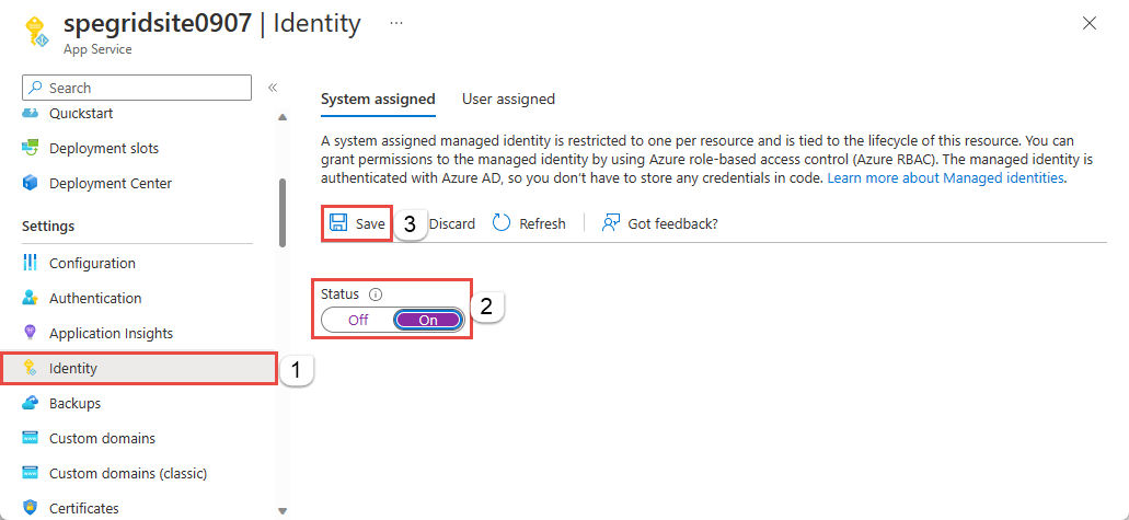 [オン] に設定されたシステム割り当て ID の状態を示す [ID] ページのスクリーンショット。