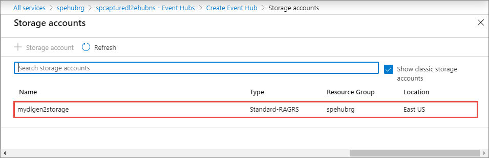 Data Lake Storage Gen 2 アカウントの選択を示すスクリーンショット。