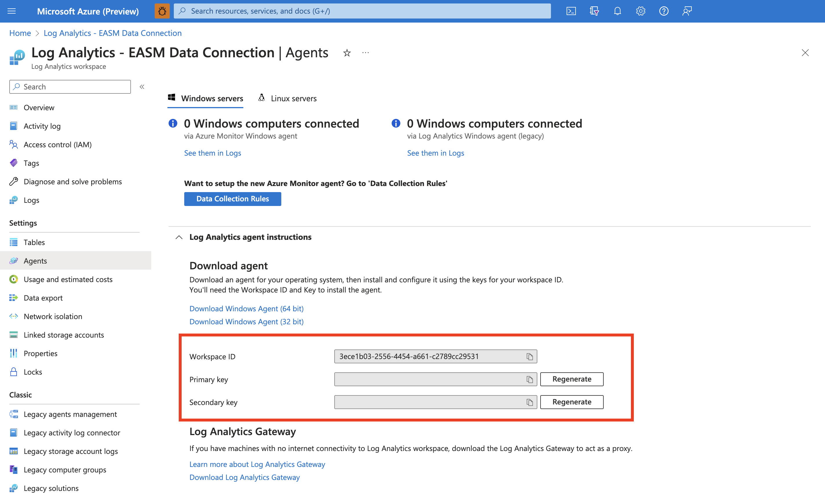 Log Analytics エージェントを示すスクリーンショット。