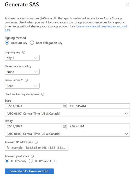 生成された Shared Access Signature を示すスクリーンショット