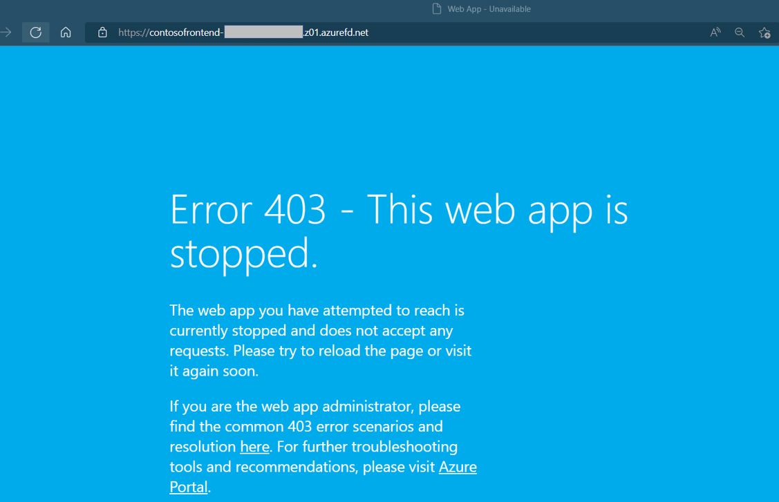 メッセージ「Web アプリの両方のインスタンスが停止」のスクリーンショット